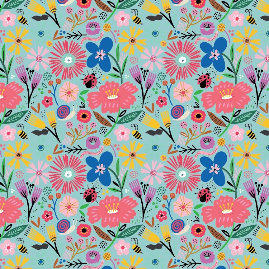 cotton fabric colorful whimsical  floral pattern with ladybugs on a blue background