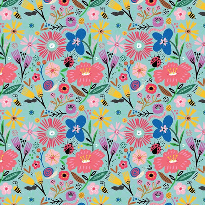 cotton fabric colorful whimsical  floral pattern with ladybugs on a blue background