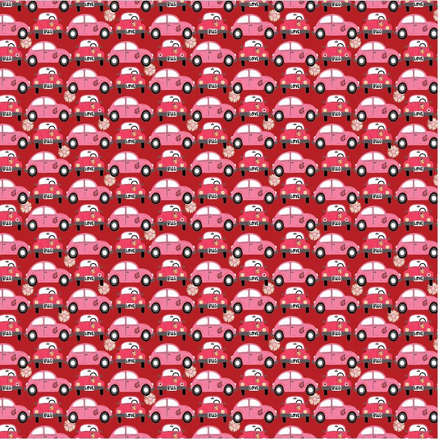 cotton fabric Pattern of punch buggy / love bug cars shades of red and pink on a red background