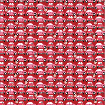 cotton fabric Pattern of punch buggy / love bug cars shades of red and pink on a red background