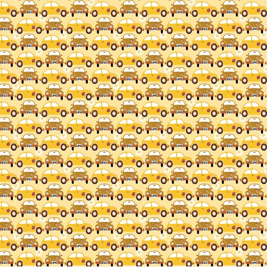 cotton fabric Pattern of punch buggy / love bug cars shades of beige and yellow on a light yellow background