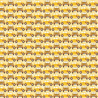 cotton fabric Pattern of punch buggy / love bug cars shades of beige and yellow on a light yellow background