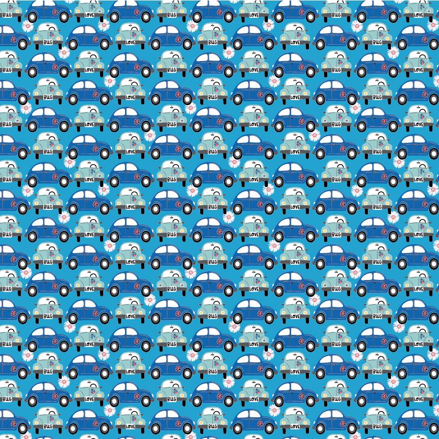 cotton fabric Pattern of punch buggy / love bug cars shades of blue on a blue background