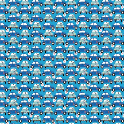 cotton fabric Pattern of punch buggy / love bug cars shades of blue on a blue background