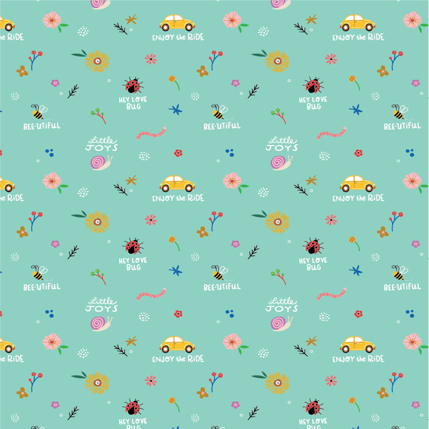 Patterned cotton fabric with punch buggy / love bug cars, flowers, lady bugs and text saying enjoy the ride on a teal background