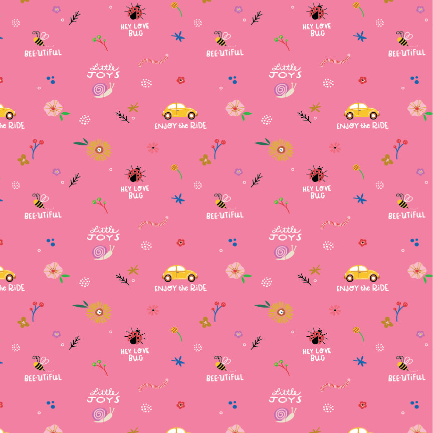 Patterned cotton fabric with punch buggy / love bug cars, flowers, lady bugs and text saying enjoy the ride on a pink background