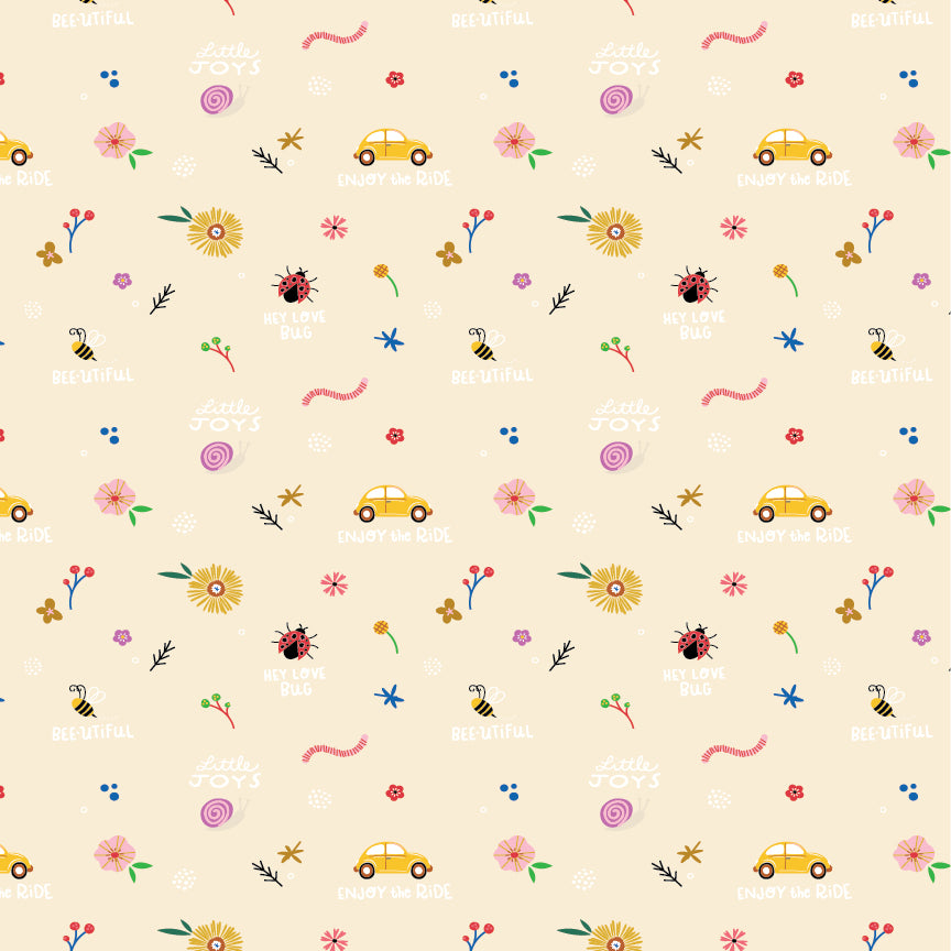 Patterned cotton fabric with punch buggy / love bug cars, flowers, lady bugs and text saying enjoy the ride on a beige / natural background