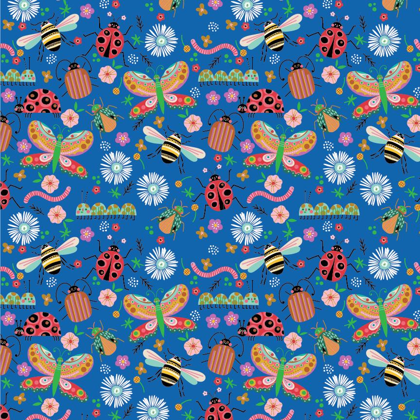 cotton fabric Colorful pattern of insects ladybugs lovebugs caterpillars and flowers on a blue background