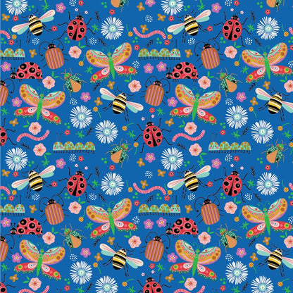 cotton fabric Colorful pattern of insects ladybugs lovebugs caterpillars and flowers on a blue background