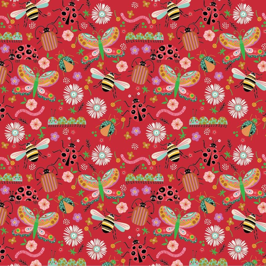cotton fabric of colorful floral pattern with ladybugs caterpillars lovebugs on a red background