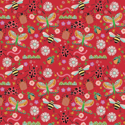 cotton fabric of colorful floral pattern with ladybugs caterpillars lovebugs on a red background