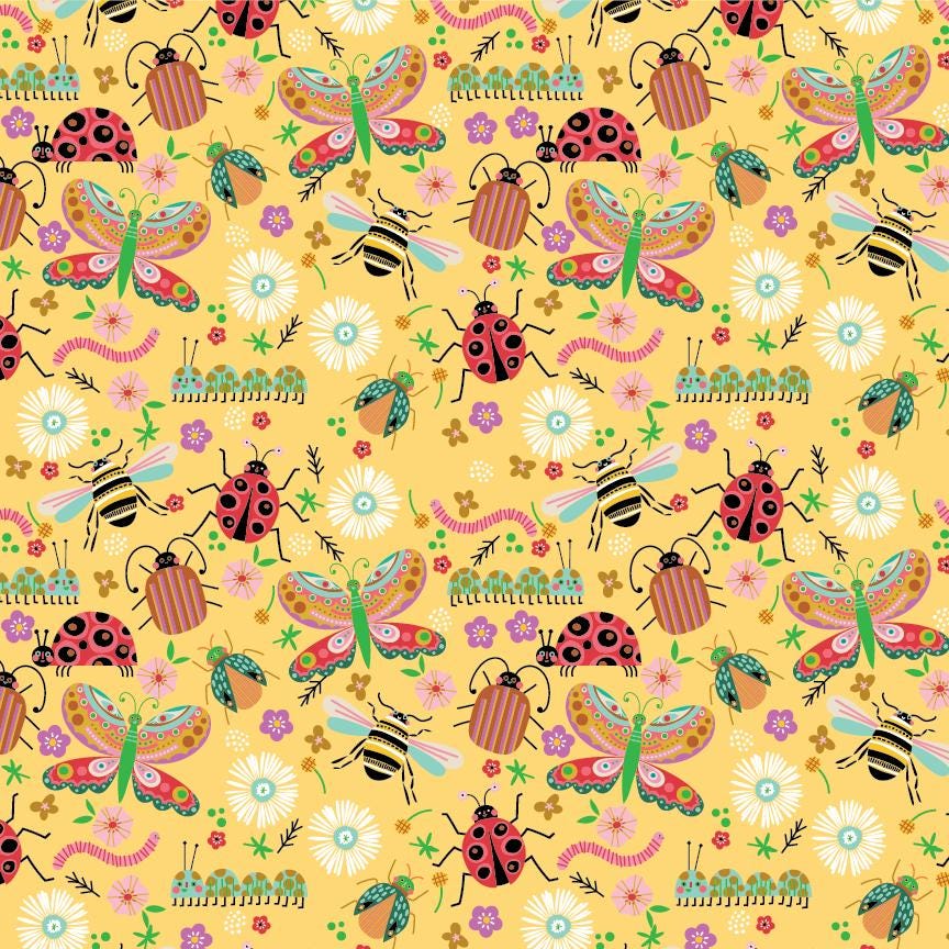 cotton fabric of colorful floral pattern with ladybugs caterpillars lovebugs on a yellow background