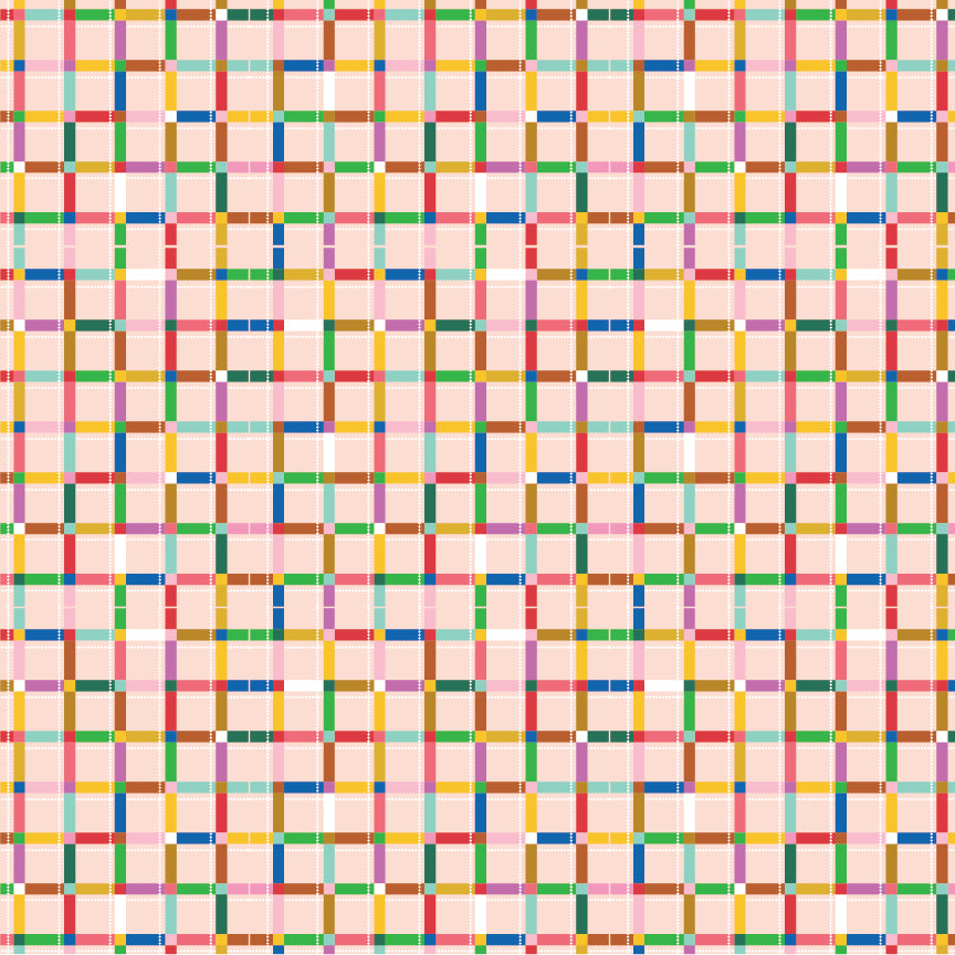 cotton fabric Pattern of colorful squares on a pink background representing road map for love bugs / punch buggy theme