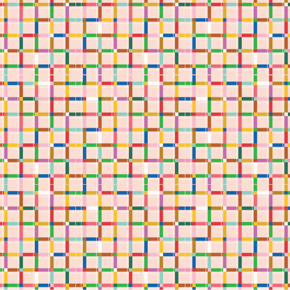 cotton fabric Pattern of colorful squares on a pink background representing road map for love bugs / punch buggy theme