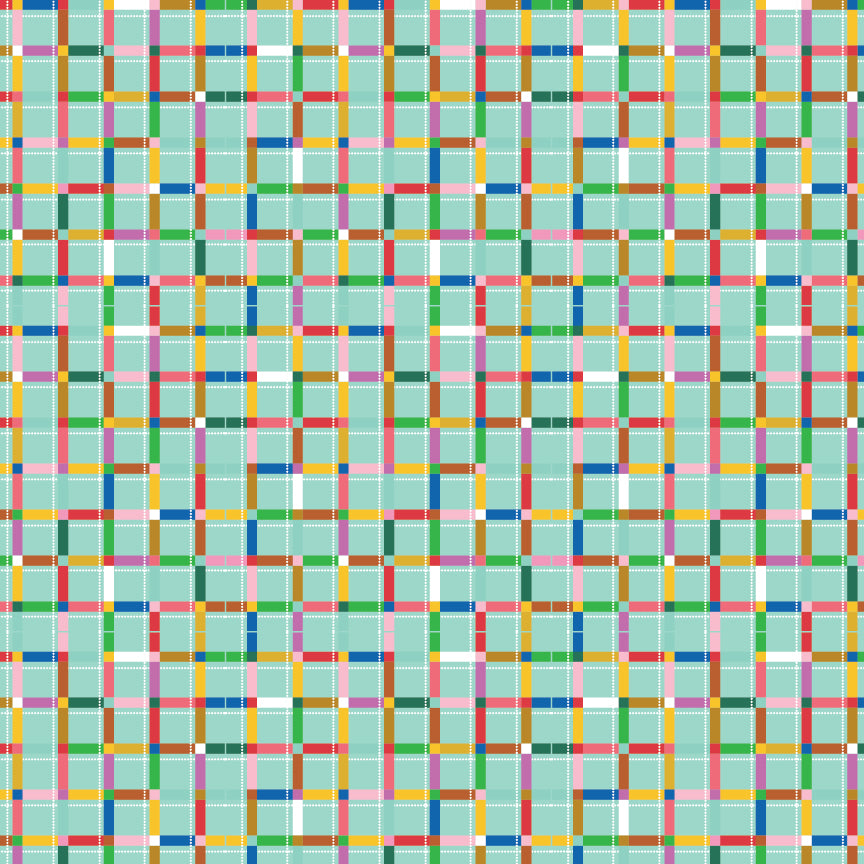 cotton fabric Pattern of colorful squares on a teal background representing road map for love bugs / punch buggy theme