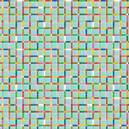 cotton fabric Pattern of colorful squares on a teal background representing road map for love bugs / punch buggy theme