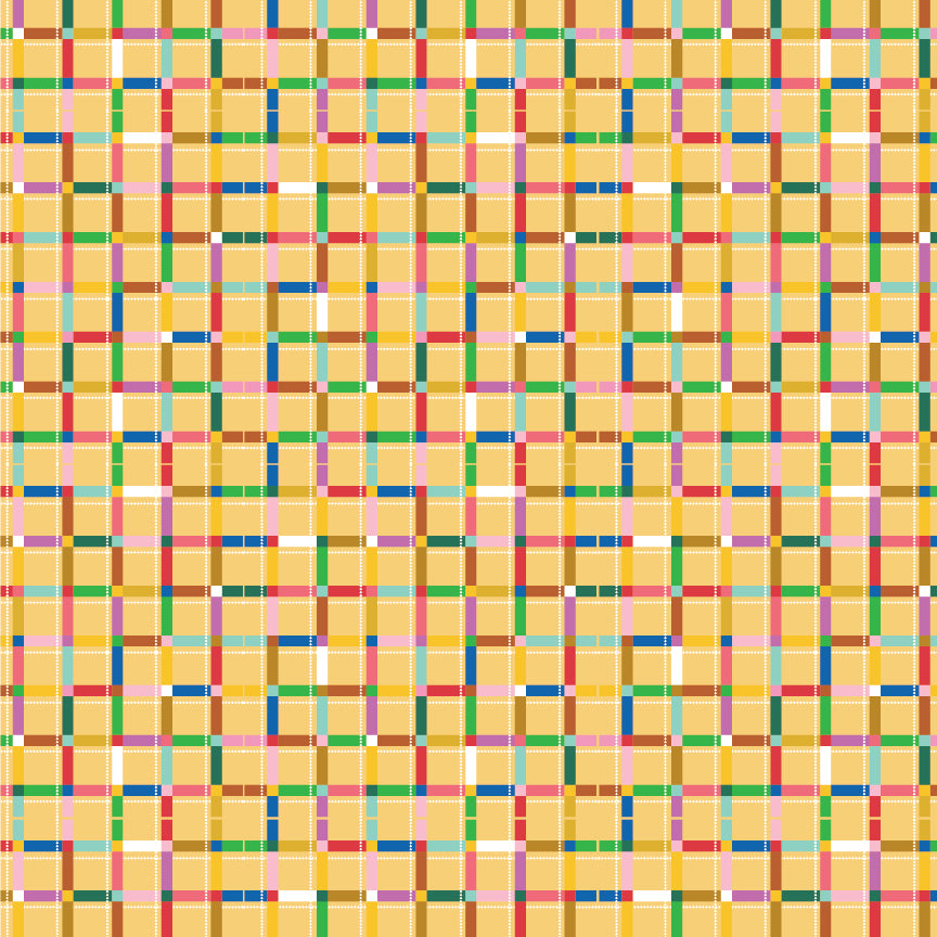cotton fabric Pattern of colorful squares on a yellow background representing road map for love bugs / punch buggy theme