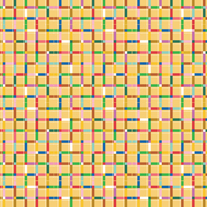 cotton fabric Pattern of colorful squares on a yellow background representing road map for love bugs / punch buggy theme