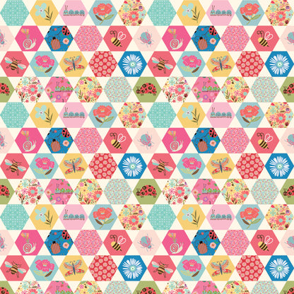 Cotton fabric quilt like print, cheater print, Hexagonal pattern with colorful floral and love bug designs multi colored on a white background