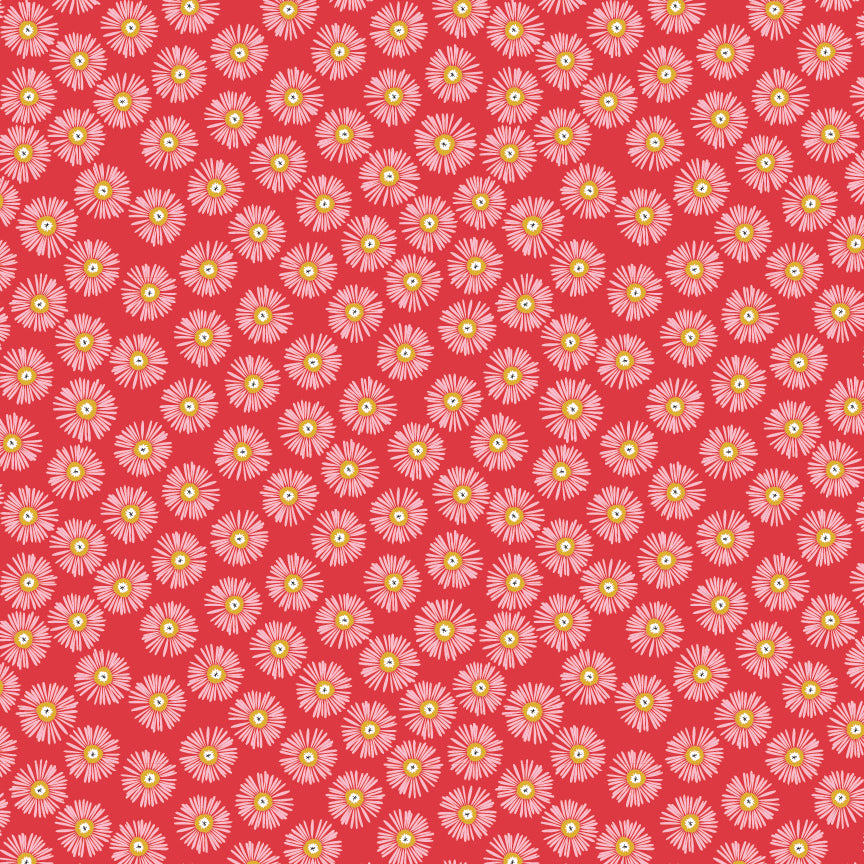 cotton fabric Pattern of white daisies  with yellow centers on a red background