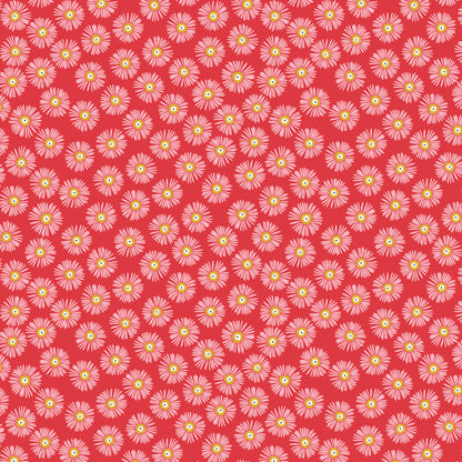 cotton fabric Pattern of white daisies  with yellow centers on a red background