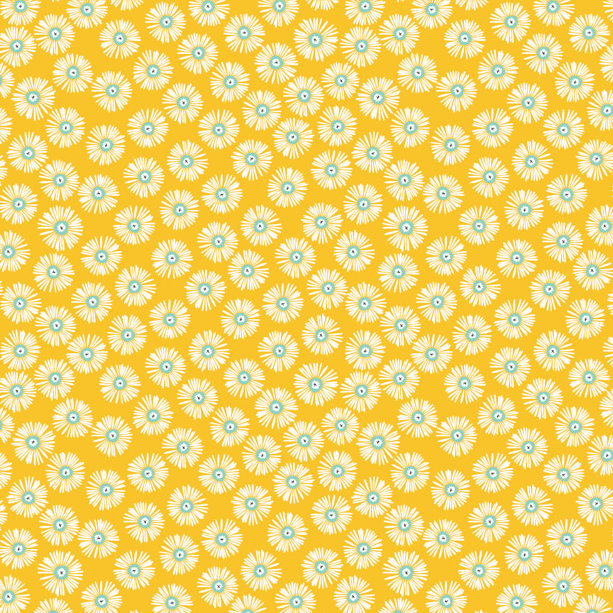 cotton fabric Pattern of white daisies  with blue centers on a yellow background