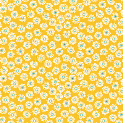 cotton fabric Pattern of white daisies  with blue centers on a yellow background