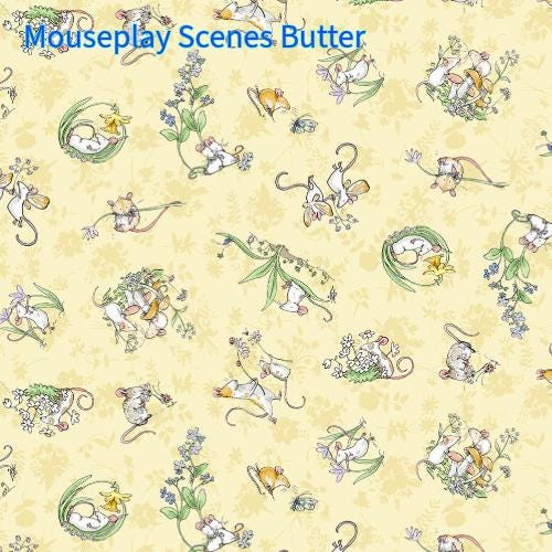 Cotton Fabric Collection Mouseplay pattern is Baby Mice,  light yellow background with cartoon mice in playful poses. The mice are in shades of white, tan, and gray, with black outlines.