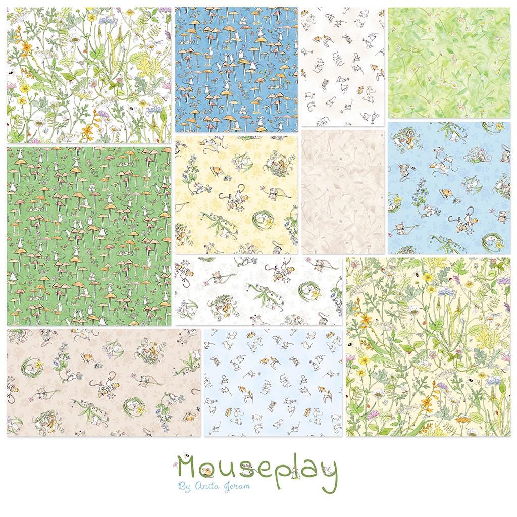 Collage of whimsical patterned cotton fabrics collection Mouseplay featuring baby mice playing in playful meadow scenes.   Patterns include mushrooms, floral arrangements, and playful mice. Colors range from light blue and green to cream and yellow. 