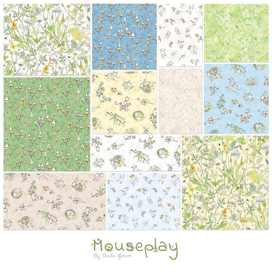 Collage of whimsical patterned cotton fabrics collection Mouseplay featuring baby mice playing in playful meadow scenes.   Patterns include mushrooms, floral arrangements, and playful mice. Colors range from light blue and green to cream and yellow. 