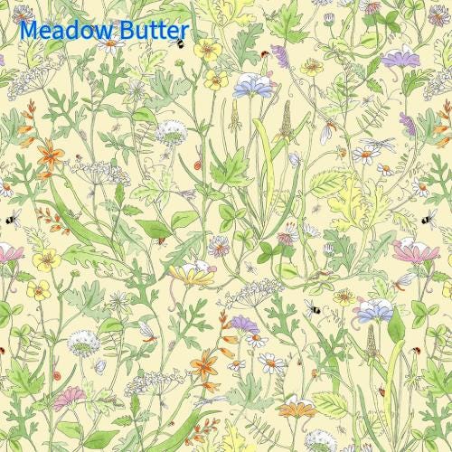 Cotton fabric collection Mouseplay. Pattern is called Meadow showing colorful wildflowers and bees on a light yellow/butter background.  It has a detailed floral pattern featuring various wildflowers in shades of yellow, orange, pink, purple, and blue, with green foliage.