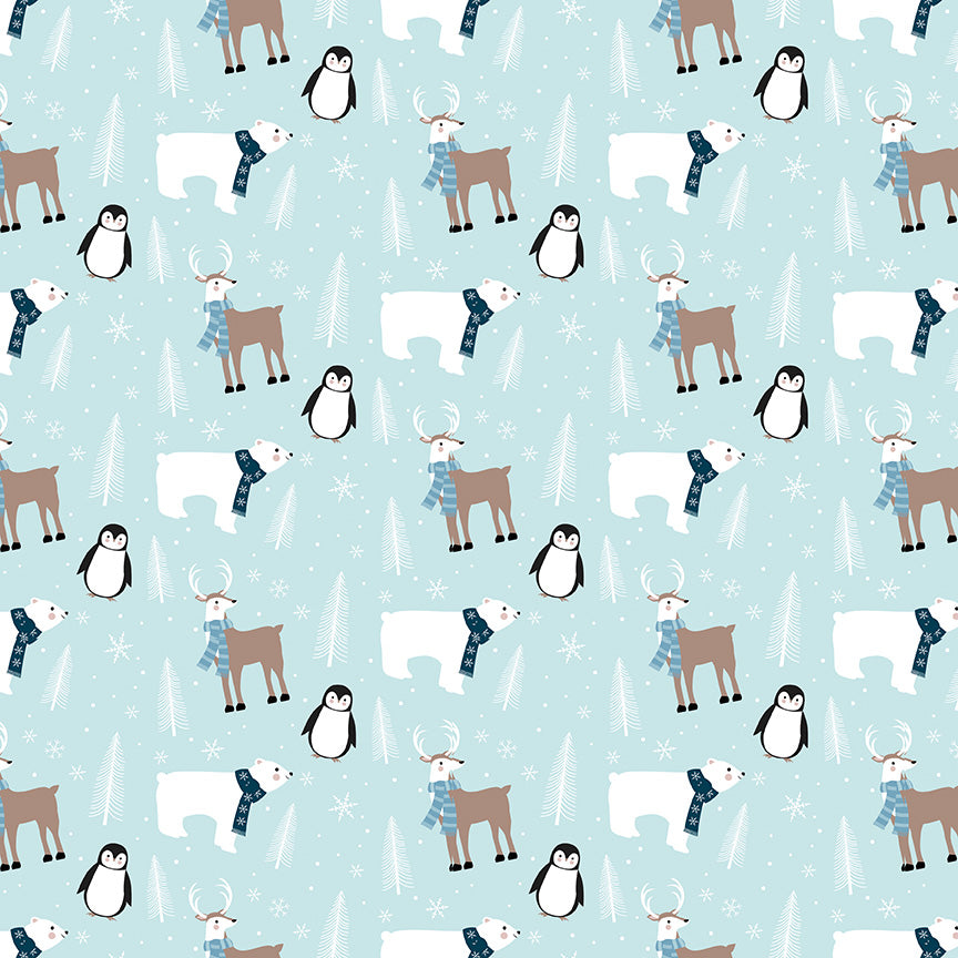 Cotton flannel fabric Pattern of penguins, polar bears, and reindeer on a light blue / aqaua background with snowflakes.