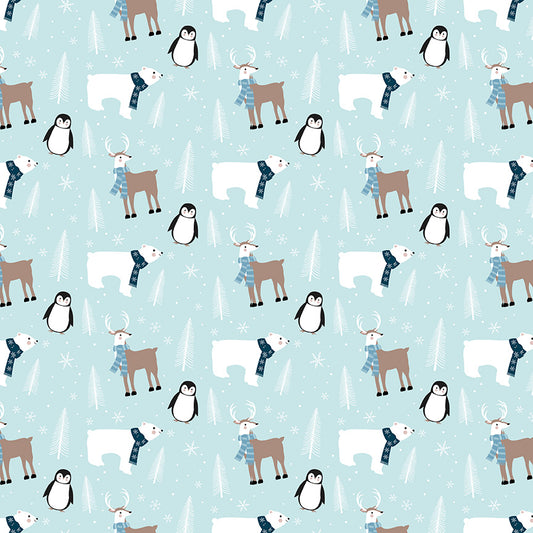 Cotton flannel fabric Pattern of penguins, polar bears, and reindeer on a light blue / aqaua background with snowflakes.