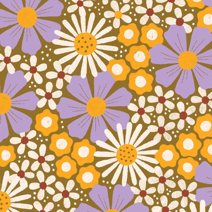 100% organic cotton fabric Pattern of colorful flowers including purple, yellow, and white on a mustard brown background. pattern name Cosmos Mustard Lilac