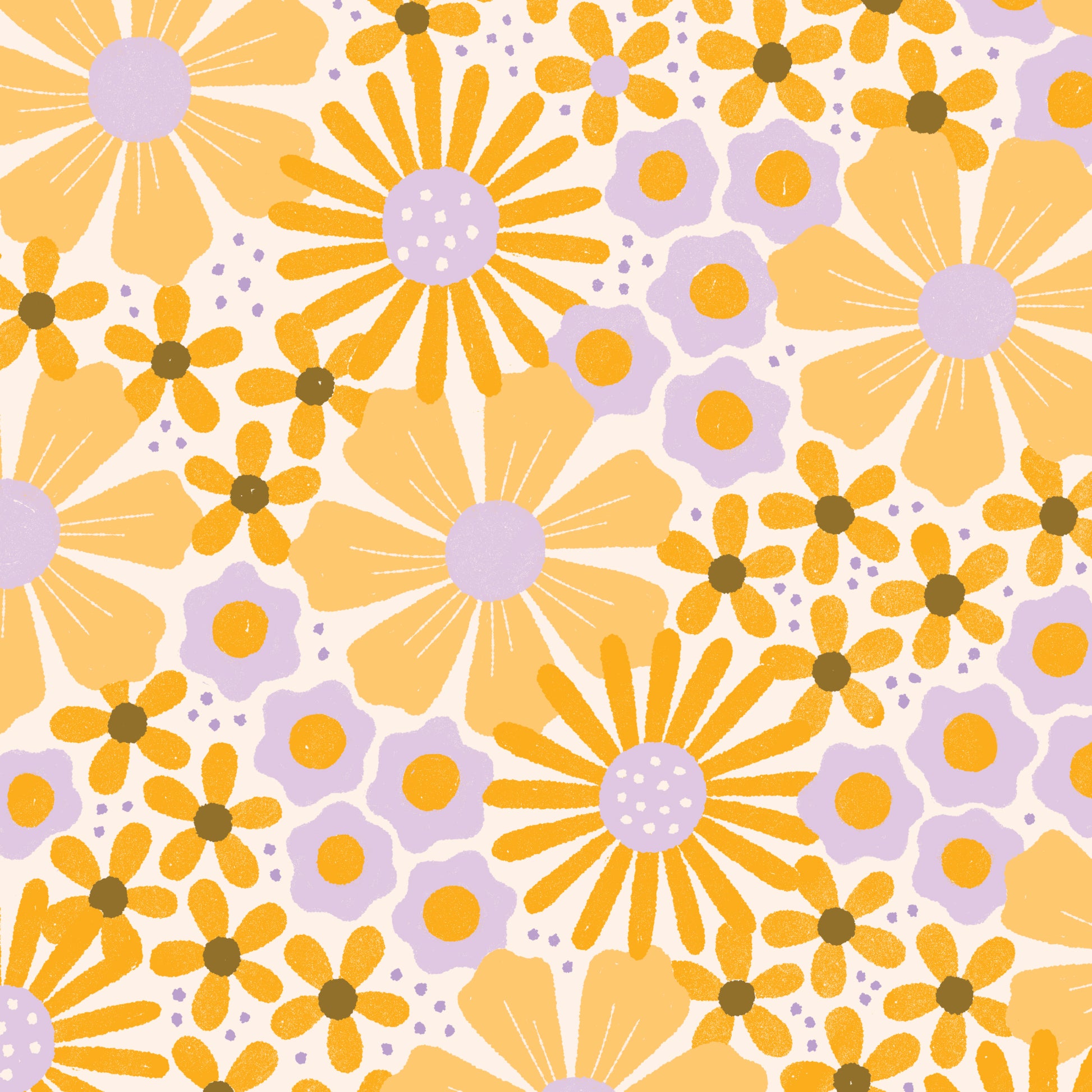 100% organic cotton fabric Pattern of bright yellow and purple flowers on a white background.