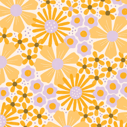 100% organic cotton fabric Pattern of bright yellow and purple flowers on a white background.