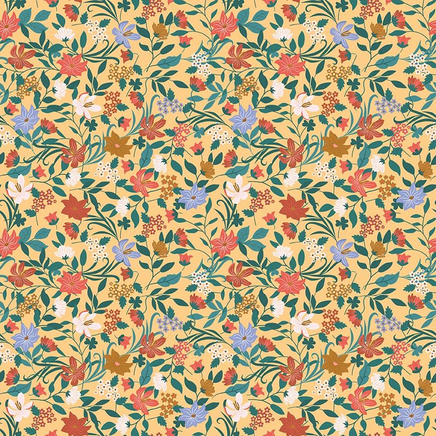 Cotton fabric The "Fairy Garden/Floral Honey" pattern is a cheerful, vintage-inspired design that captures a whimsical storybook aesthetic. The Motifs The design features a dense, meadow-like arrangement of delicate, blooming garden flowers. The floral illustrations are highly stylized with a hand-painted quality, featuring intricate line work & soft shaded centers from The Thimbelina & the Sewing Fairies collection which is a storybook-inspired line centered around a tiny, magical sewing fairy.