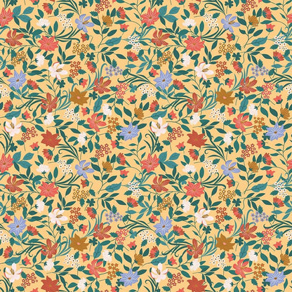 Cotton fabric The "Fairy Garden/Floral Honey" pattern is a cheerful, vintage-inspired design that captures a whimsical storybook aesthetic. The Motifs The design features a dense, meadow-like arrangement of delicate, blooming garden flowers. The floral illustrations are highly stylized with a hand-painted quality, featuring intricate line work & soft shaded centers from The Thimbelina & the Sewing Fairies collection which is a storybook-inspired line centered around a tiny, magical sewing fairy.