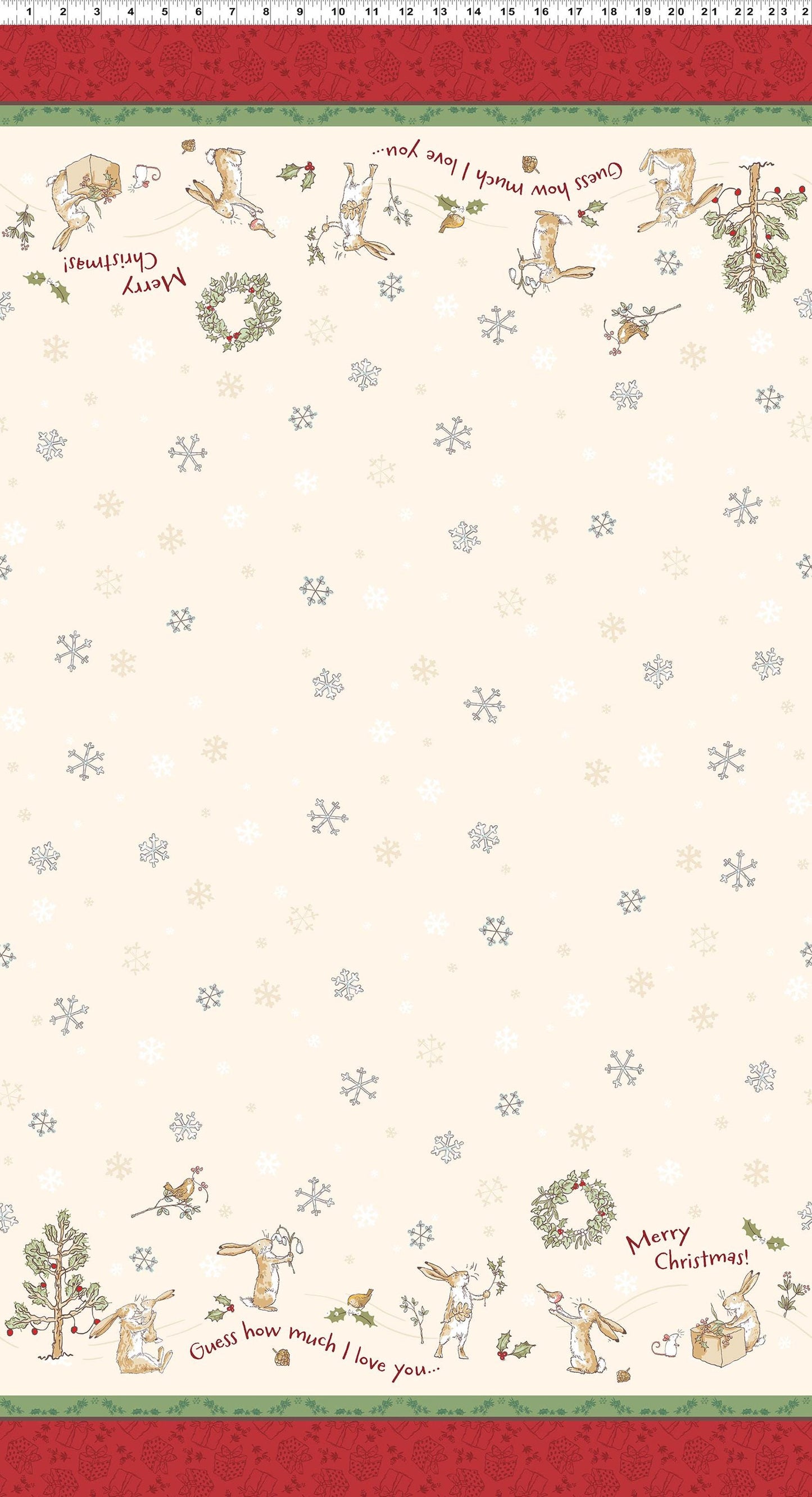 Double Border Cream from The Guess How Much I Love You 2026 fabric collection by Anita Jeram for Clothworks Fabrics features a cozy, Christmas-themed holiday twist. It centers around Big Nutbrown Hare and Little Nutbrown Hare. The collection includes holiday motifs like bunny-snowmen, mistletoe, holly, and winter scenes.