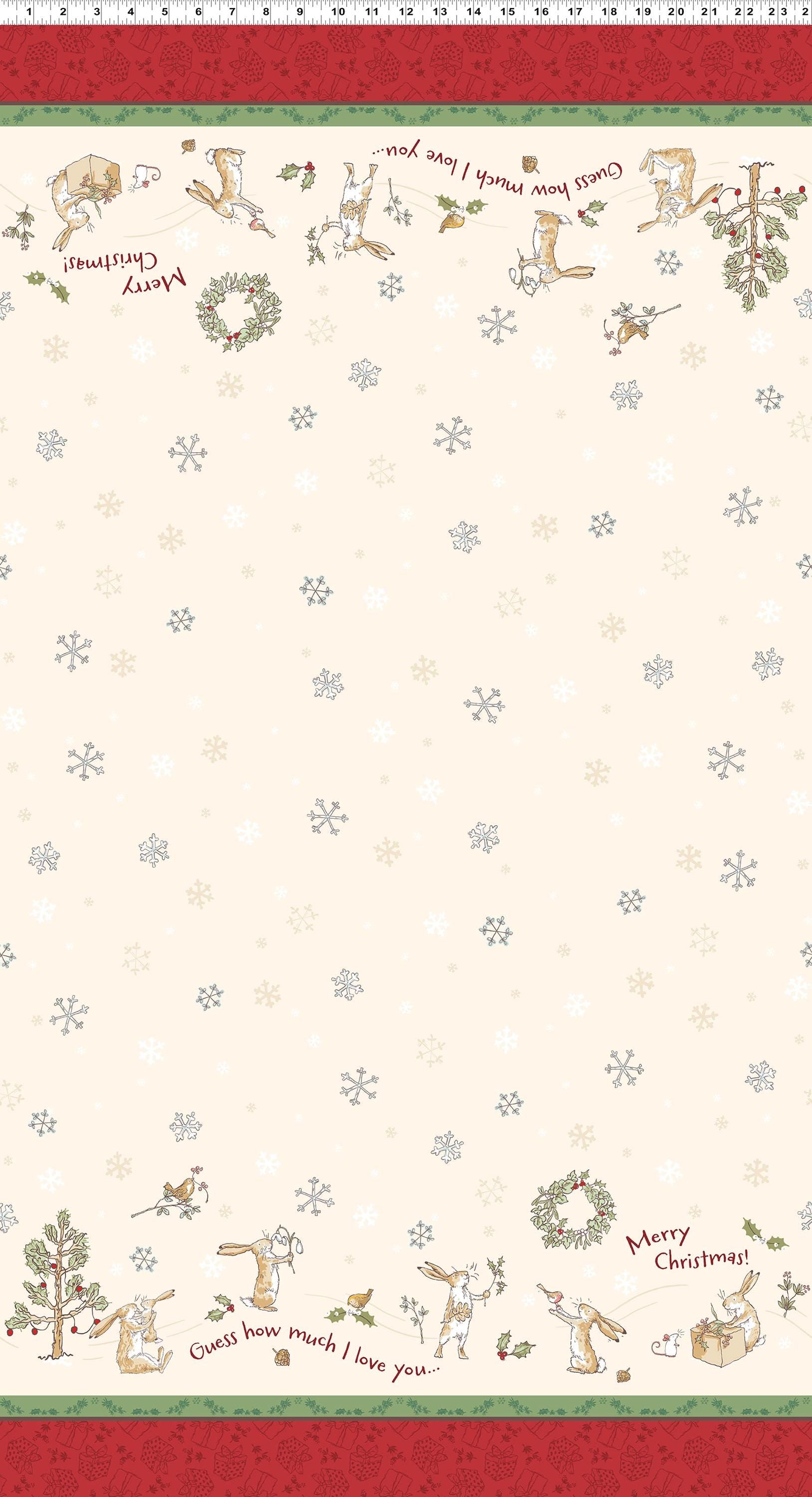 Double Border Cream from The Guess How Much I Love You 2026 fabric collection by Anita Jeram for Clothworks Fabrics features a cozy, Christmas-themed holiday twist. It centers around Big Nutbrown Hare and Little Nutbrown Hare. The collection includes holiday motifs like bunny-snowmen, mistletoe, holly, and winter scenes.