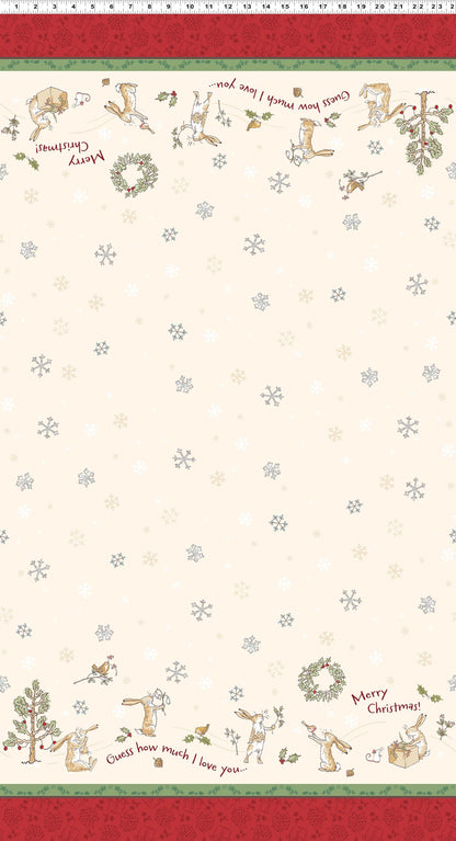 Double Border Cream from The Guess How Much I Love You 2026 fabric collection by Anita Jeram for Clothworks Fabrics features a cozy, Christmas-themed holiday twist. It centers around Big Nutbrown Hare and Little Nutbrown Hare. The collection includes holiday motifs like bunny-snowmen, mistletoe, holly, and winter scenes.