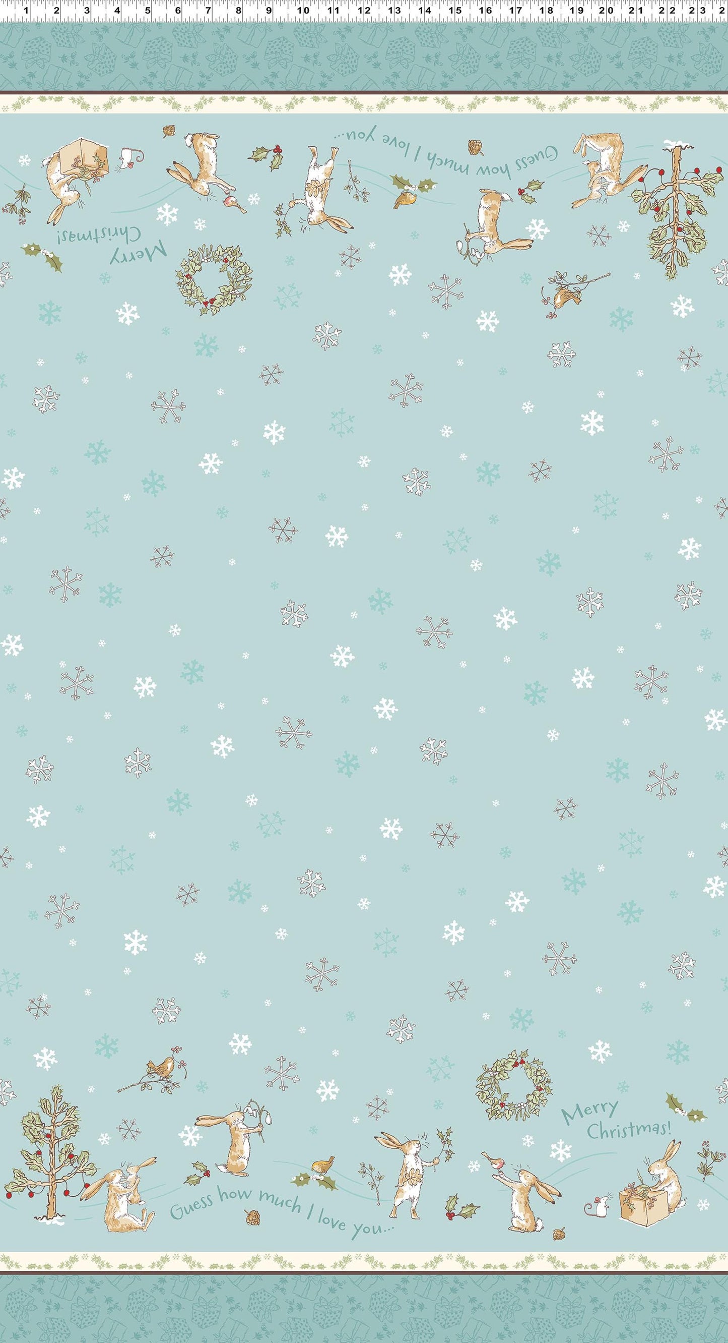 Double Border Teal from The Guess How Much I Love You 2026 fabric collection by Anita Jeram for Clothworks Fabrics features a cozy, Christmas-themed holiday twist. It centers around Big Nutbrown Hare and Little Nutbrown Hare. The collection includes holiday motifs like bunny-snowmen, mistletoe, holly, and winter scenes.
