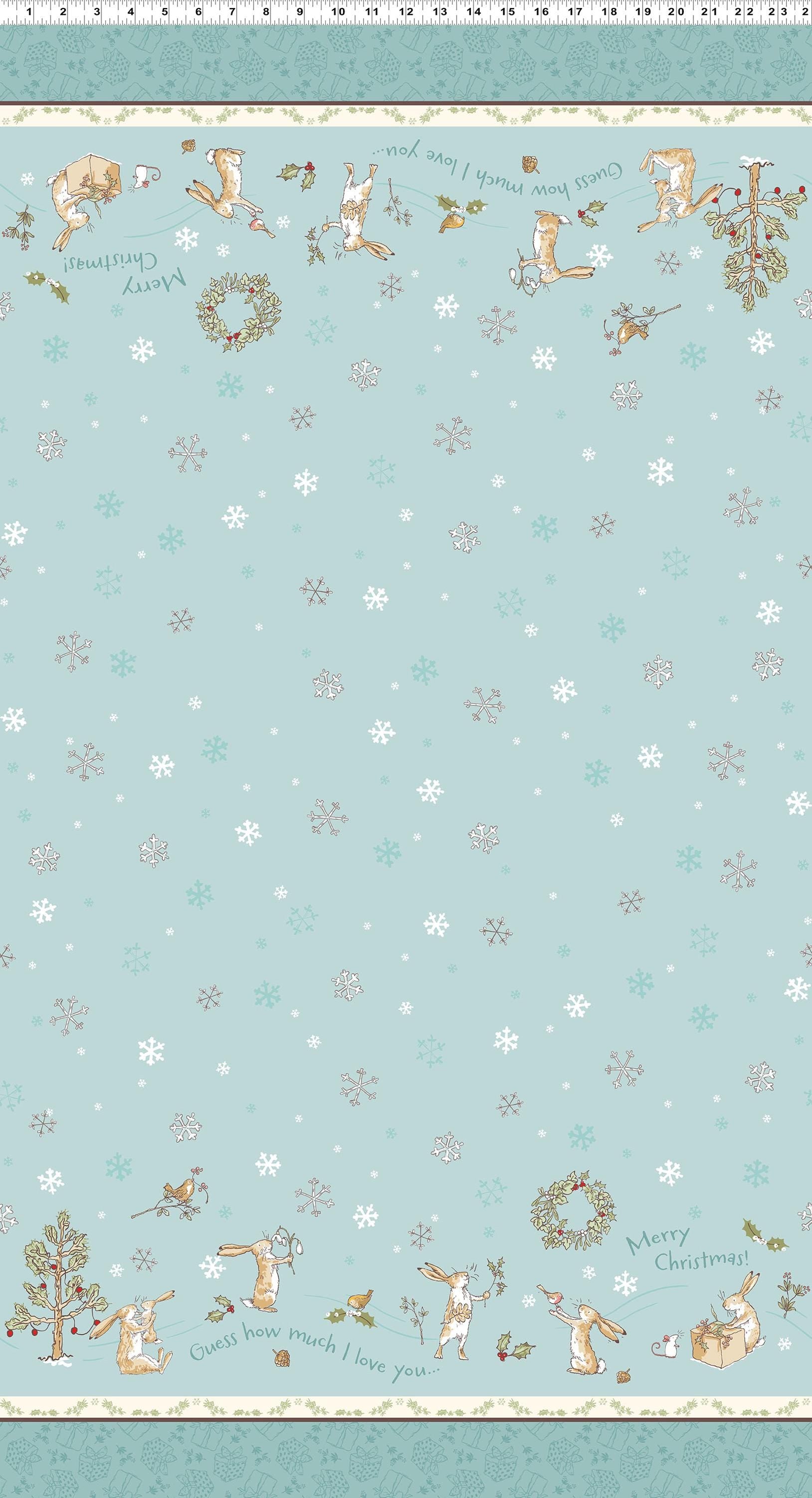 Double Border Teal from The Guess How Much I Love You 2026 fabric collection by Anita Jeram for Clothworks Fabrics features a cozy, Christmas-themed holiday twist. It centers around Big Nutbrown Hare and Little Nutbrown Hare. The collection includes holiday motifs like bunny-snowmen, mistletoe, holly, and winter scenes.