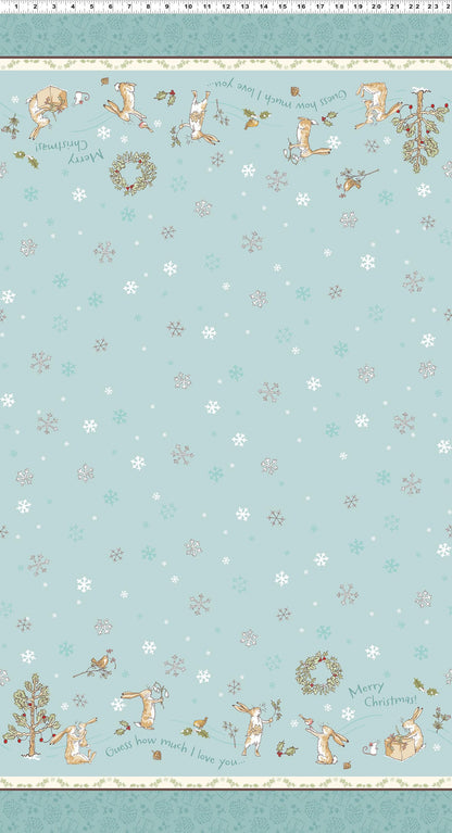 Double Border Teal from The Guess How Much I Love You 2026 fabric collection by Anita Jeram for Clothworks Fabrics features a cozy, Christmas-themed holiday twist. It centers around Big Nutbrown Hare and Little Nutbrown Hare. The collection includes holiday motifs like bunny-snowmen, mistletoe, holly, and winter scenes.