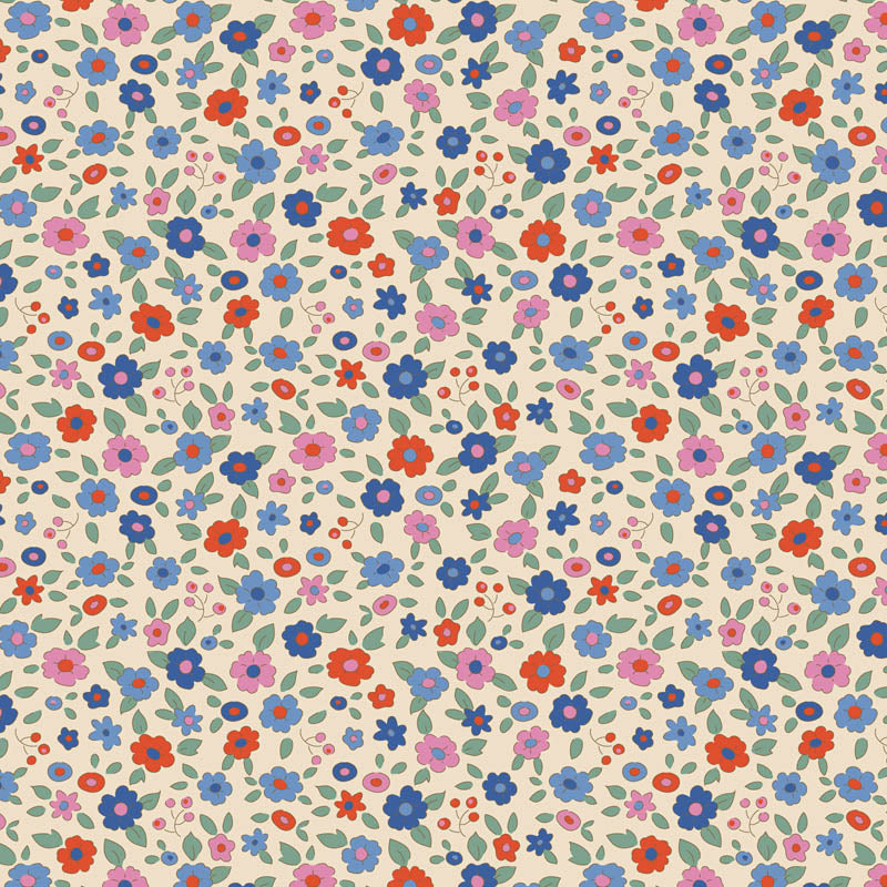 Pattern Evie Blue (130133/1.5.5): A delicate floral print on a light blue ground from The Tilda "Creating Memories" Summer & Ocean Blues collection is designed by Tone Finnanger, featuring a curated selection of 16 fabrics (a mix of prints and wovens) inspired by the sea and summer days. The collection emphasizes blues, white, and hints of ginger/saffron, characterized by small-scale designs like ditsy flowers, stripes, and dots.