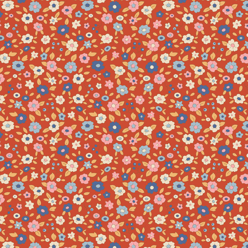 Pattern Evie Rust: A vibrant rust-colored fabric reflecting autumn tones from The Tilda Creating Memories Autumn collection (part of the Seasonal Basics range) features 16 small-patterned fabrics in warm tones of ginger, saffron, brown, and rust, with touches of blue-grey and khaki. Designed by Tone Finnanger, the collection blends 9 printed and 7 woven cotton designs—including dainty florals, delicate stripes, and timeless plaids—ideal for quilting, softies, and  crafting.