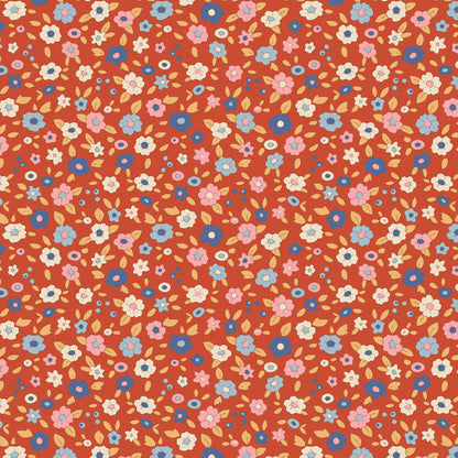 Pattern Evie Rust: A vibrant rust-colored fabric reflecting autumn tones from The Tilda Creating Memories Autumn collection (part of the Seasonal Basics range) features 16 small-patterned fabrics in warm tones of ginger, saffron, brown, and rust, with touches of blue-grey and khaki. Designed by Tone Finnanger, the collection blends 9 printed and 7 woven cotton designs—including dainty florals, delicate stripes, and timeless plaids—ideal for quilting, softies, and  crafting.