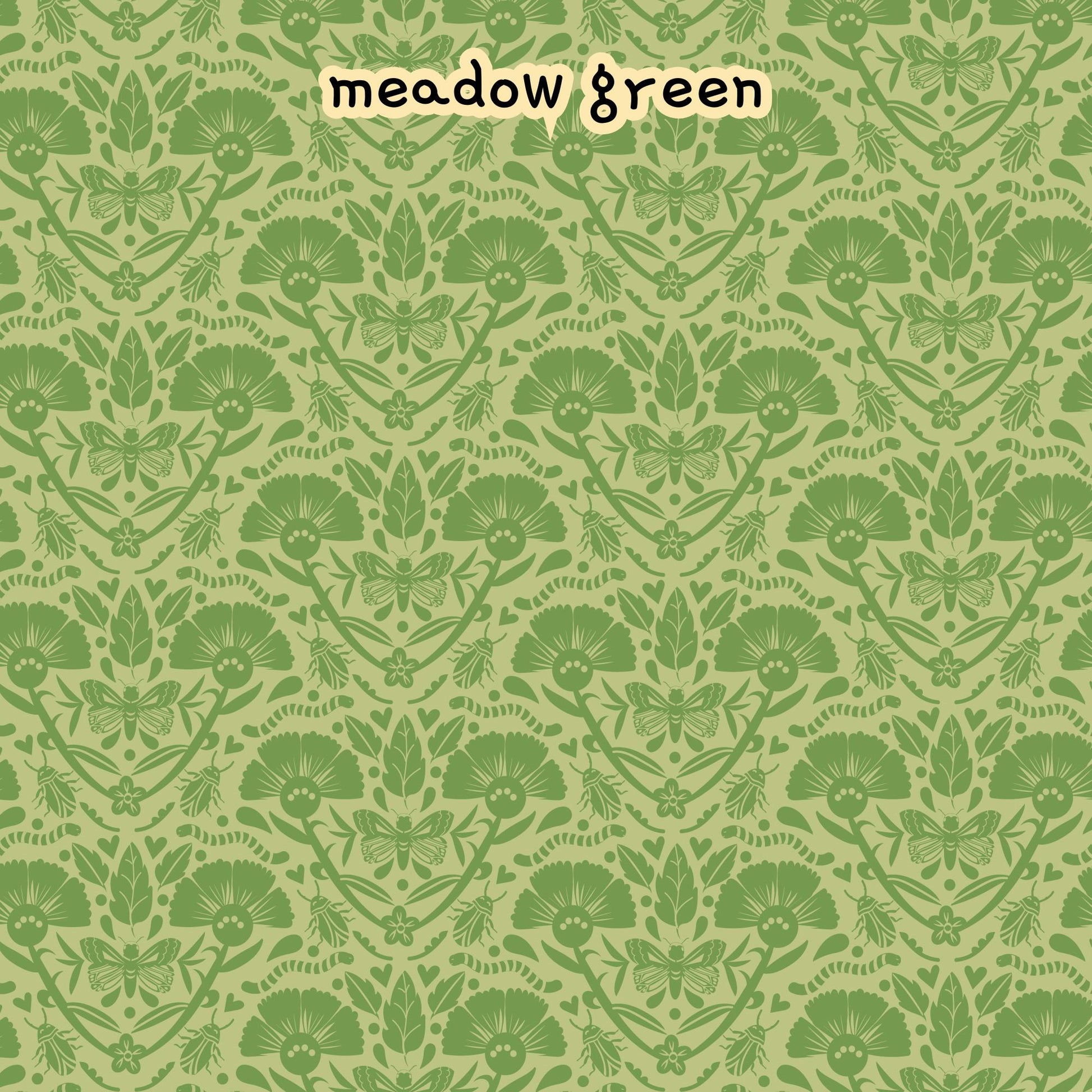 Fabric Collection Love Bugs 100% organic cotton fabric with a pattern in shades of green, featuring stylized flowers, leaves, and insects. The overall aesthetic is reminiscent of vintage botanical illustrations. Quilting, crafts, home decor, apparel sewing