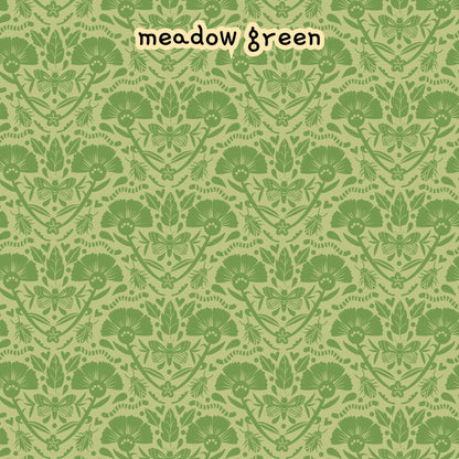 Fabric Collection Love Bugs 100% organic cotton fabric with a pattern in shades of green, featuring stylized flowers, leaves, and insects. The overall aesthetic is reminiscent of vintage botanical illustrations. Quilting, crafts, home decor, apparel sewing