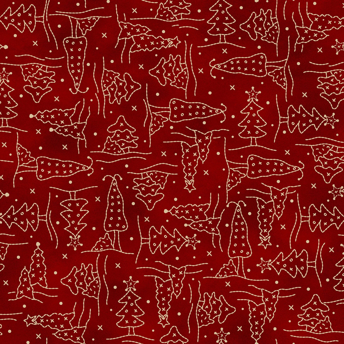 Fabric Pattern Christmas Trees in colors Green and Red from The Christmastime fabric collection by Robin Kingsley for Maywood Studio captures the charm of a country Christmas. The line features nostalgic redwork and greenwork motifs in a classic color palette of mottled cream, red, and green.